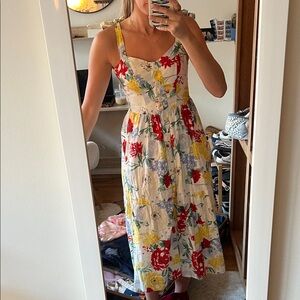 UO Floral Button-Front Cotton Sundress - White with Red & Yellow Blooms